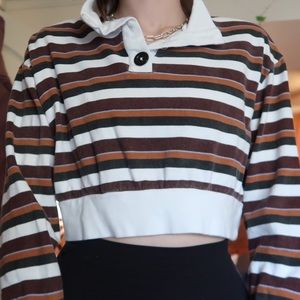 Long sleeve striped collared cropped shirt